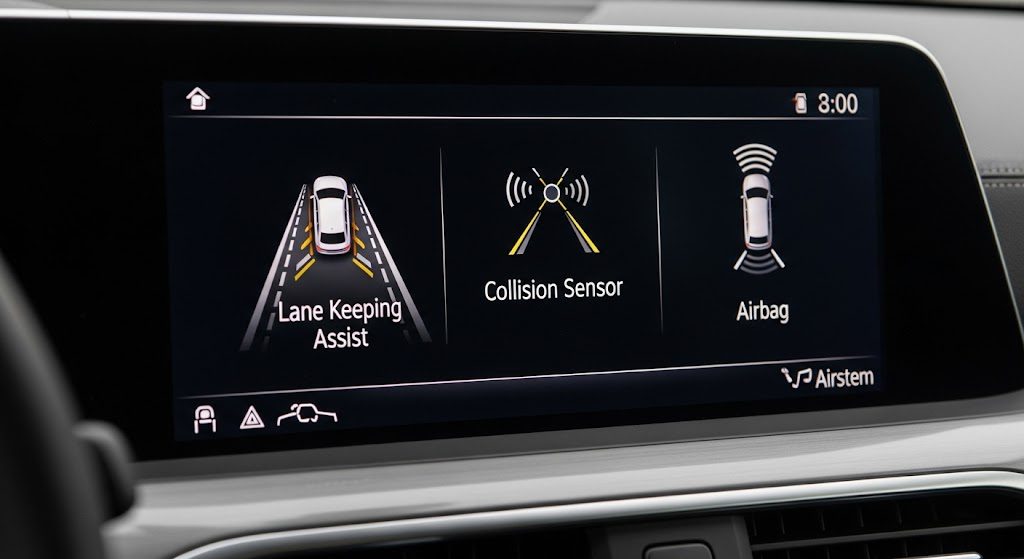 Tecnologias de segurança automotiva que salvam vidas e previnem acidentes Painel de carro moderno exibindo sistemas de segurança automotiva, simbolizando a proteção veicular. Imagem criada com IA
