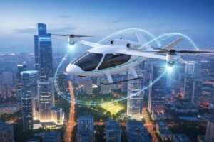 Carros voadores da Embraer: Eve Air Mobility Lança eVTOLs em 2027 eVTOL da Eve Air Mobility (Embraer) voando sobre a cidade, simbolizando o futuro dos carros voadores e a mobilidade aérea urbana. Foto gerada por IA