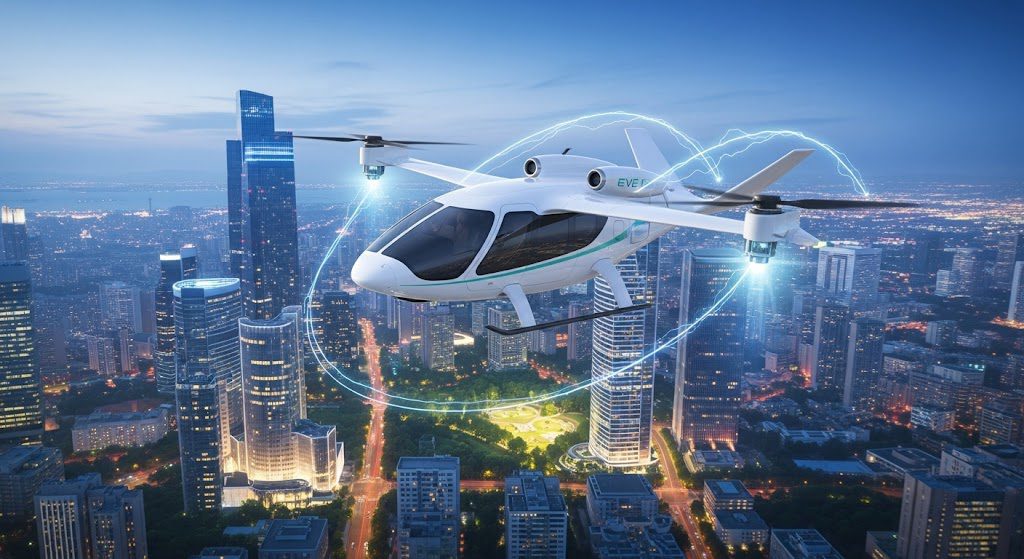 Carros voadores da Embraer: Eve Air Mobility Lança eVTOLs em 2027 eVTOL da Eve Air Mobility (Embraer) voando sobre a cidade, simbolizando o futuro dos carros voadores e a mobilidade aérea urbana. Foto gerada por IA