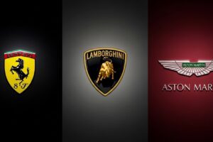 Logotipos da Ferrari, Lamborghini e Aston Martin, representando os lançamentos de carros de luxo e supercarros em 2025.