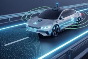 Veículos autônomos em 2025: segurança e tecnologia rumo ao nível 5 Carro autônomo em via inteligente, simbolizando o avanço da segurança e tecnologia em 2025 com conectividade 5G. Imagem gerada por IA