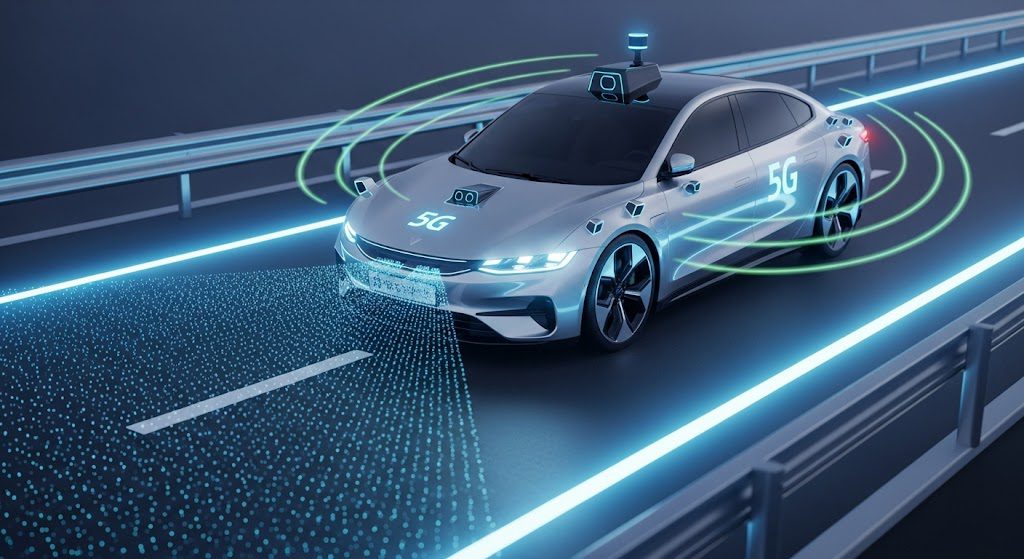 Veículos autônomos em 2025: segurança e tecnologia rumo ao nível 5 Carro autônomo em via inteligente, simbolizando o avanço da segurança e tecnologia em 2025 com conectividade 5G. Imagem gerada por IA