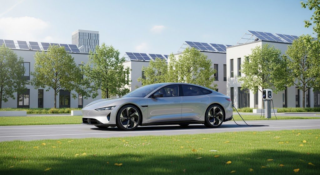 Veículos Elétricos: como reduzem a poluição e impulsionam a sustentabilidade Carro elétrico. Imagem gerada por IA