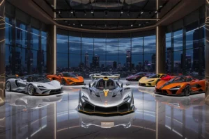 Exibição ultrarrealista da maior coleção de carros McLaren em um showroom de luxo e futurista.