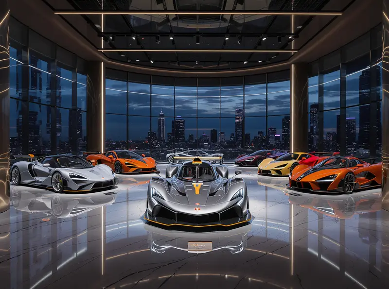 Maior Coleção de Carros da McLaren Está à Venda e Inclui o Último F1 Exibição ultrarrealista da maior coleção de carros McLaren em um showroom de luxo e futurista.