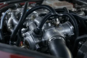Close-up detalhado da bomba da direção hidráulica em um motor de carro esportivo, com mangueiras e reservatório de fluido visíveis.