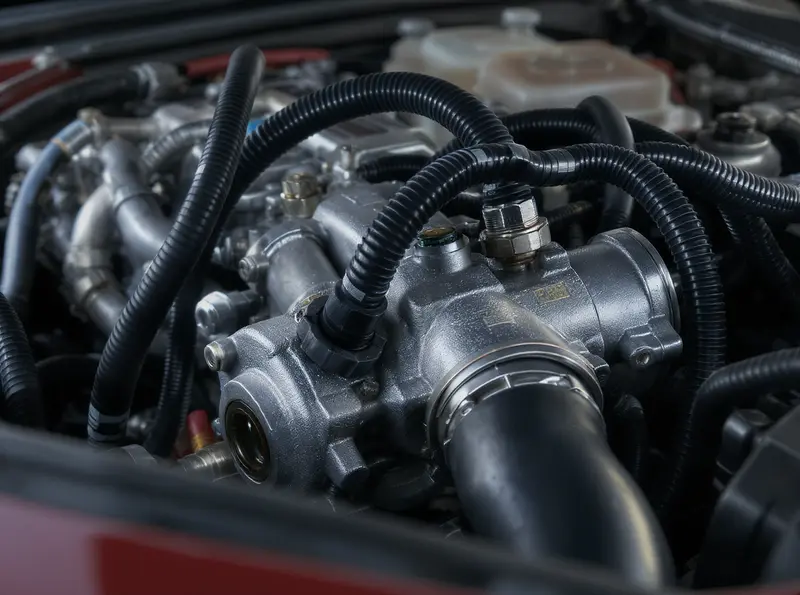 Cuidados Essenciais para Conservar o Sistema de Direção Hidráulica em Carros Esportivos Close-up detalhado da bomba da direção hidráulica em um motor de carro esportivo, com mangueiras e reservatório de fluido visíveis.