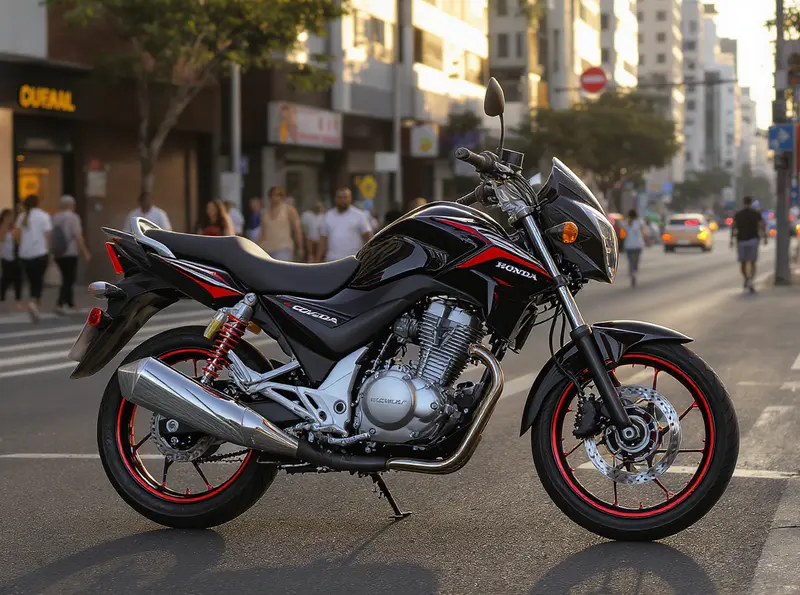 Brasil alcança 1 milhão de motos emplacadas no 1º semestre de 2025, com Honda CG liderando vendas Fotografia ultrarrealista de uma motocicleta Honda CG 160 preta em uma rua movimentada.