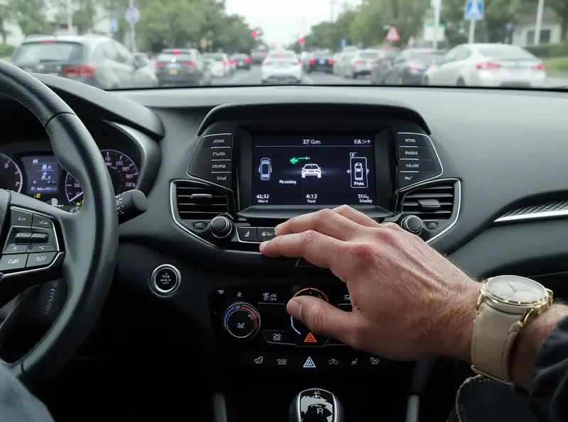 Câmbio manual e freio de mão tradicional: os dias estão contados para a Hyundai Mão repousando no console de um Hyundai, com freio de estacionamento eletrônico visível, em trânsito.