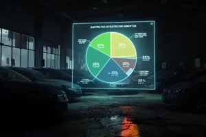 Governo eleva imposto de importação para carros elétricos e híbridos a partir de julho de 2025 Cena de concessionária vazia, carros elétricos e um holograma de gráfico de imposto de importação.