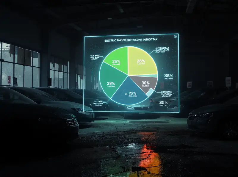 Governo eleva imposto de importação para carros elétricos e híbridos a partir de julho de 2025 Cena de concessionária vazia, carros elétricos e um holograma de gráfico de imposto de importação.