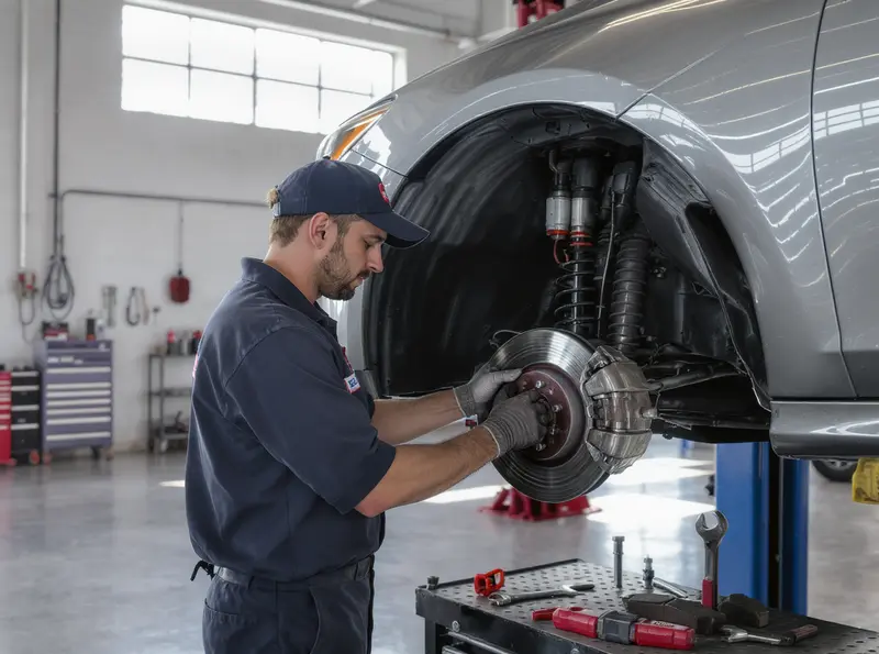 Componentes Críticos para uma Revisão Completa de Veículos Close-up ultrarrealista de um mecânico em uniforme azul-marinho inspecionando as pastilhas de freio e o disco de um carro prata elevado, com ferramentas e luz natural intensa. Oficina limpa e organizada.