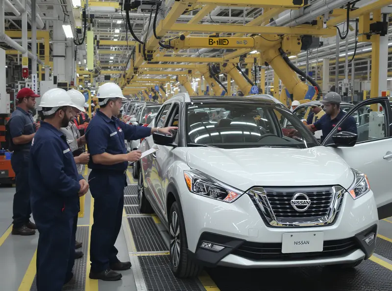 Nissan inicia exportação do novo Kicks para o Paraguai Trabalhadores da Nissan em linha de montagem inspecionando um novo Kicks branco recém-produzido.