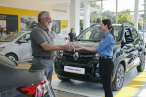 Renault Kwid oferece desconto exclusivo para quem troca por carro sustentável Homem feliz entregando chaves de carro antigo para vendedora ao lado de um novo Renault Kwid preto.