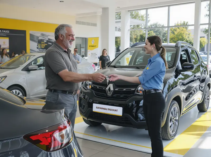 Renault Kwid oferece desconto exclusivo para quem troca por carro sustentável Homem feliz entregando chaves de carro antigo para vendedora ao lado de um novo Renault Kwid preto.
