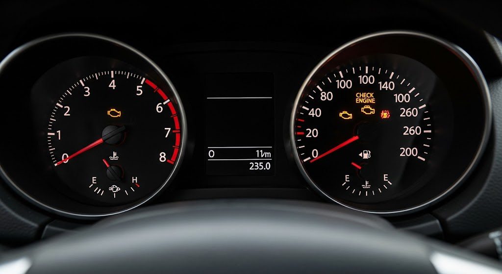 Carro precisa de revisão urgente? 7 sinais de alerta para ficar de olho Luz de check engine acesa no painel do carro. Imagem gerada por IA