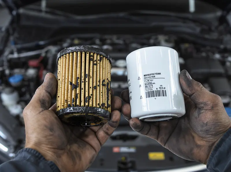 Como a Troca Correta do Filtro de Óleo Protege o Motor Mãos de um mecânico segurando um filtro de óleo sujo ao lado de um novo e limpo na frente de um motor.