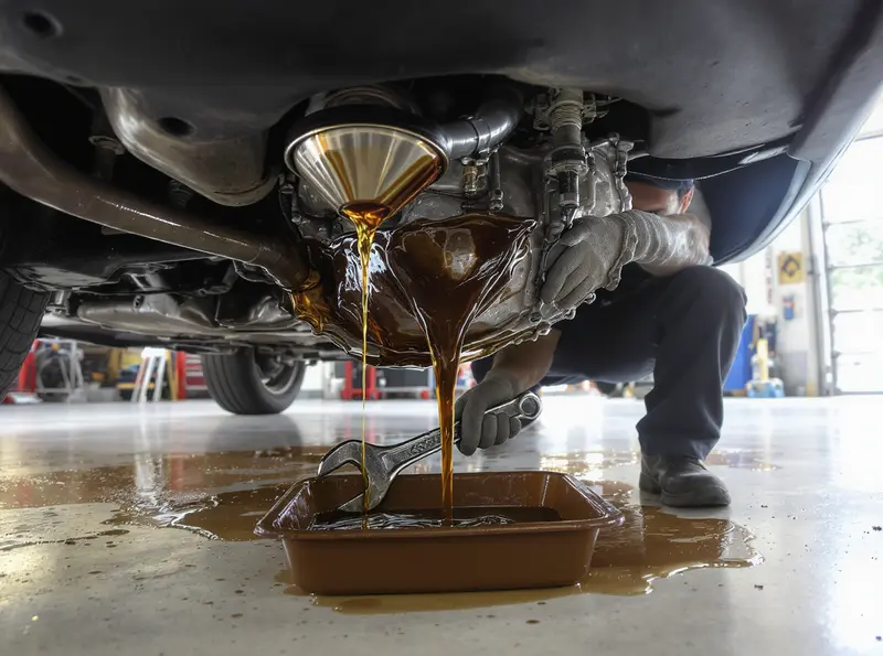 Troca Regular do Óleo da Transmissão Manual: Essencial para Prolongar a Vida Útil do Seu Carro Mecânico de uniforme azul escuro trocando o óleo da transmissão manual de um carro, em uma oficina limpa.