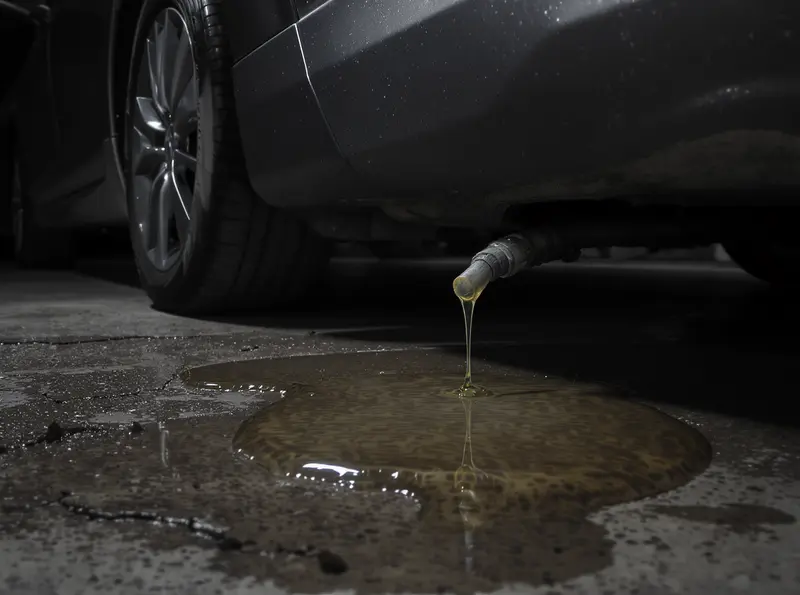 Como identificar vazamentos no sistema de combustível: dicas essenciais para manter seu carro seguro Imagem ultrarrealista de um carro cinza vazando combustível em uma garagem escura.