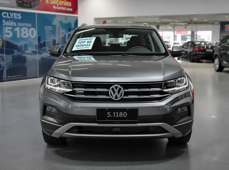 VW Tera estreia e supera Kardian nas vendas de junho Volkswagen Tera cinza em concessionária, com adesivo 'TOP 10 VENDAS' no para-brisa.
