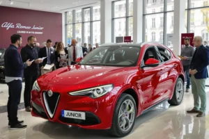 Alfa Romeo recupera vendas e fortalece presença na Europa em 2025 Pessoas observando o SUV Alfa Romeo Junior em uma concessionária, representando o sucesso da marca na Europa.