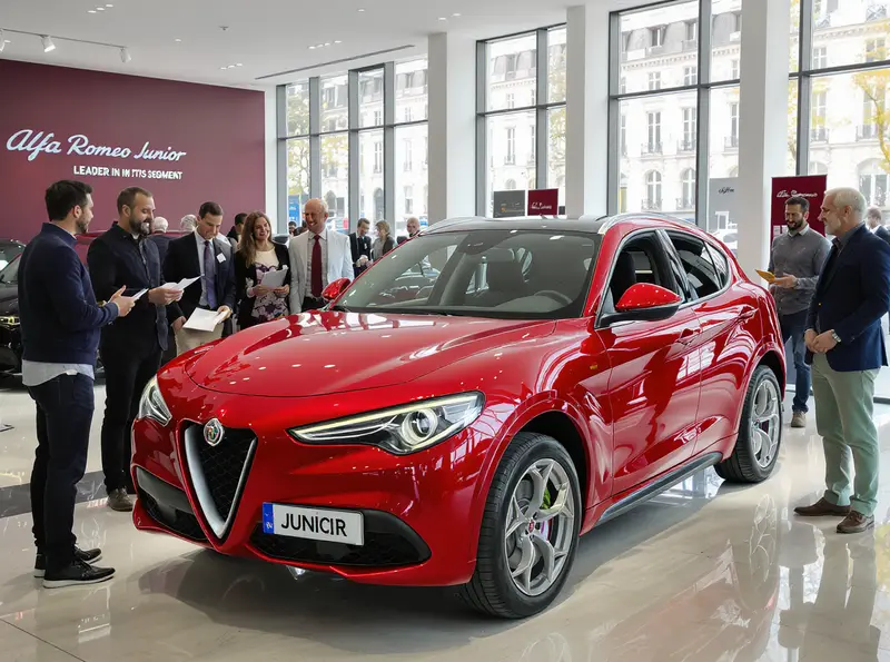 Pessoas observando o SUV Alfa Romeo Junior em uma concessionária, representando o sucesso da marca na Europa.