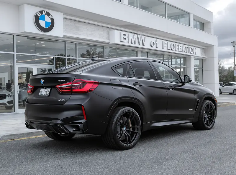 BMW X6 Dark Edition é lançado no Brasil com visual exclusivo BMW X6 Dark Edition preto fosco, rodas escuras, em frente a concessionária.