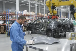 Stellantis inaugura 1º desmanche legal de peças veiculares no Brasil Técnico examinando uma peça automotiva em um centro de reciclagem de veículos da Stellantis