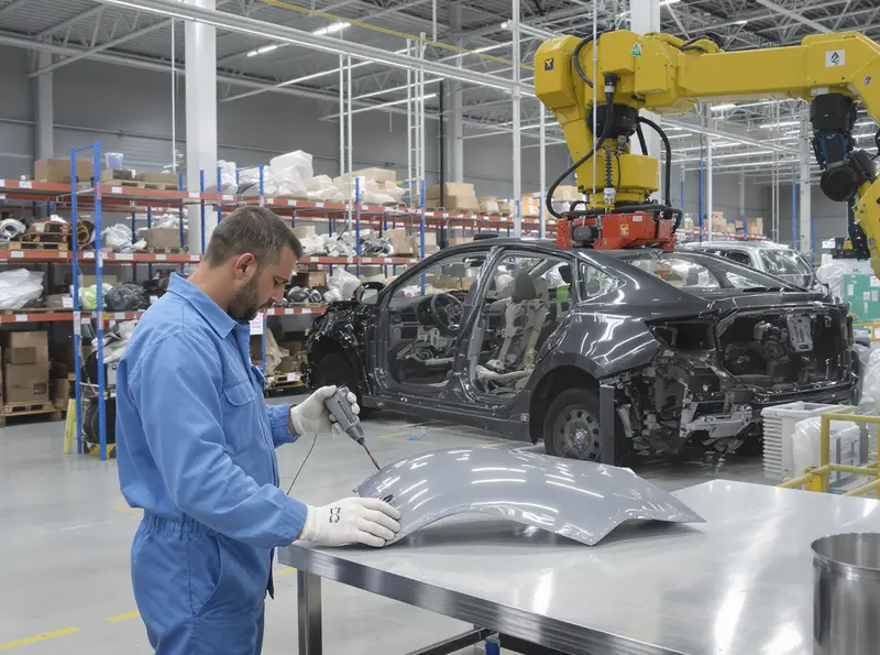 Técnico examinando uma peça automotiva em um centro de reciclagem de veículos da Stellantis