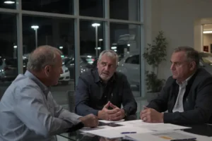 Três homens, empresários de concessionárias Chevrolet, com expressões preocupadas, discutem em uma mesa de vidro com documentos, carros Ford ao fundo.