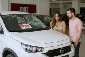 Casal jovem, com expressões pensativas, observa o preço de um Fiat Pulse branco em uma concessionária, com o adesivo de preço visível no para-brisa.