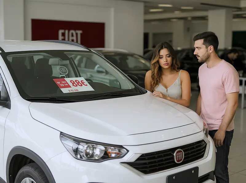 Casal jovem, com expressões pensativas, observa o preço de um Fiat Pulse branco em uma concessionária, com o adesivo de preço visível no para-brisa.