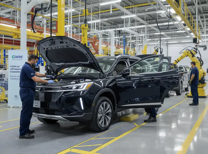 GWM planeja segunda fábrica no Brasil para carros mais acessíveis Trabalhadores na linha de montagem de veículos GWM no Brasil, com foco em carros híbridos e elétricos. Ambiente industrial moderno e iluminado.
