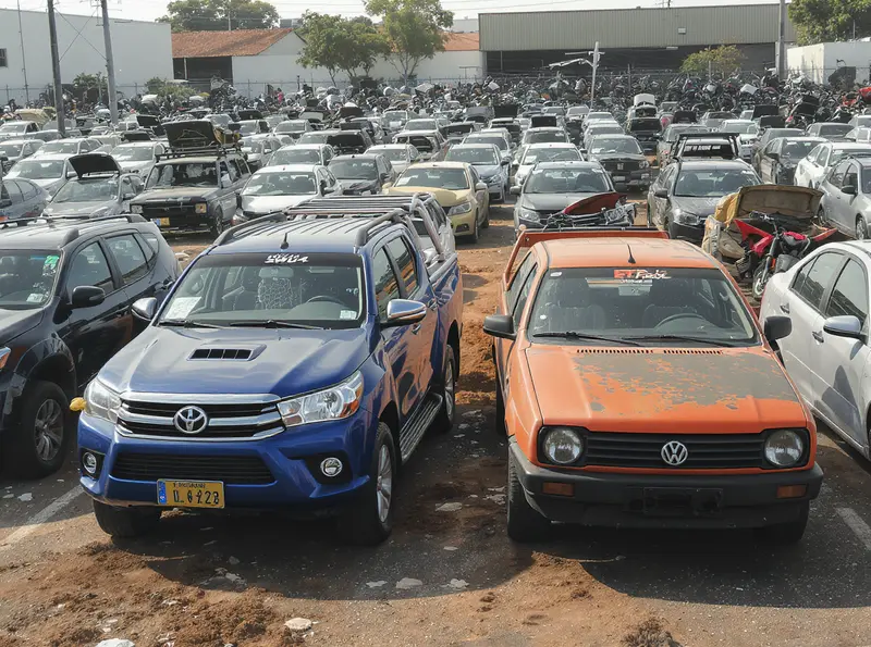 Leilão de veículos do governo tem Hilux SW4 mais barata que iPhone e VW SpaceFox a R$ 3 mil Amplo pátio de veículos em leilão com Hilux SW4 e VW SpaceFox proeminentes ao entardecer.