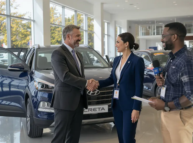 Parceria GM e Hyundai: novo acordo global trará cinco modelos compartilhados ao Brasil Executivos da GM e Hyundai apertam as mãos em concessionária, um Creta e um Onix são visíveis.