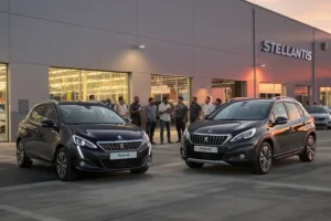 Cena ultrarrealista: Engenheiros e trabalhadores da Stellantis celebram os novos Peugeot Híbridos em El Palomar.