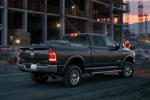 Lançamento Ram 2500 e 3500 2025: novas versões e motor mais potente Ram 2500 Laramie 2025 em obras, carregada, com operário e iluminação de LED.