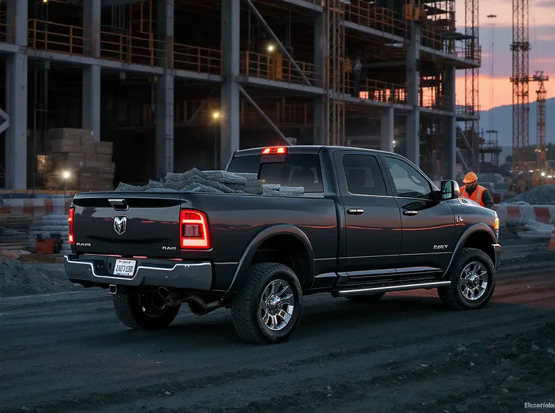 Lançamento Ram 2500 e 3500 2025: novas versões e motor mais potente Ram 2500 Laramie 2025 em obras, carregada, com operário e iluminação de LED.