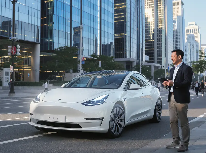 Tesla Model Y L: O avanço chinês na eletrificação de luxo Tesla Model Y L branco estacionado em rua de Xangai com engenheiro chinês ao lado.