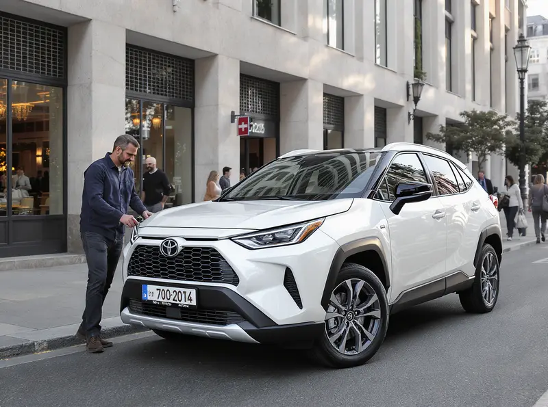 Toyota Corolla Cross 2025 branco estacionado em rua europeia, com pessoa se aproximando, detalhando design exclusivo e tecnologia.
