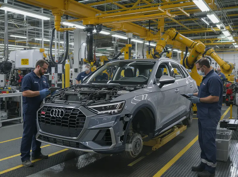 Audi confirma produção do novo Q3 no Paraná Engenheiros e trabalhadores montando um Audi Q3 na linha de produção da fábrica no Paraná, Brasil.