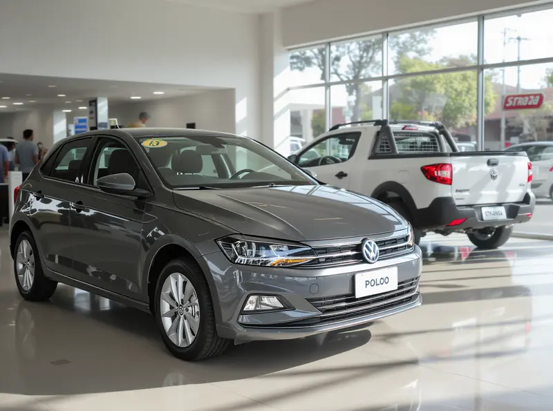 Carros Mais Vendidos no Brasil: Ranking de 2005 a 2025 Dois carros, um Volkswagen Polo cinza e um Fiat Strada branco, dentro de um showroom.
