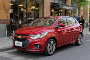 Chevrolet Onix Turbo 2026: Teste detalha soluções para antigos problemas Casal se aproximando de um Chevrolet Onix Turbo 2026 vermelho estacionado em uma rua urbana ensolarada.