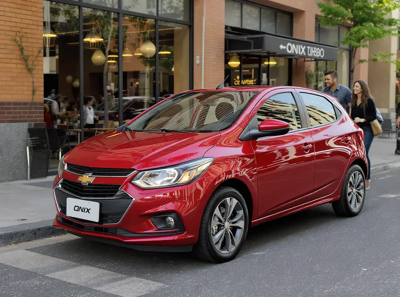 Chevrolet Onix Turbo 2026: Teste detalha soluções para antigos problemas Casal se aproximando de um Chevrolet Onix Turbo 2026 vermelho estacionado em uma rua urbana ensolarada.