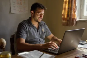 CNH sem Autoescola: especialista em segurança avalia proposta que muda regras Jovem brasileiro estuda para CNH em notebook, representando acesso facilitado ao documento.