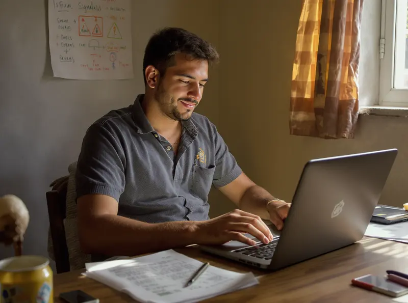 Jovem brasileiro estuda para CNH em notebook, representando acesso facilitado ao documento.
