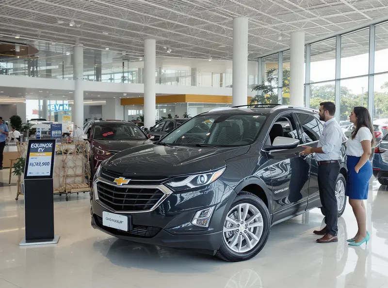 Chevrolet reduz preço do Equinox EV em R$ 90 mil para reagir a vendas baixas Vendedor Chevrolet apresenta o Equinox EV para casal interessado em concessionária com o novo preço exibido.