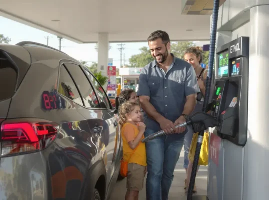 Família em posto de gasolina, abastecendo carro híbrido com etanol, refletindo economia.
