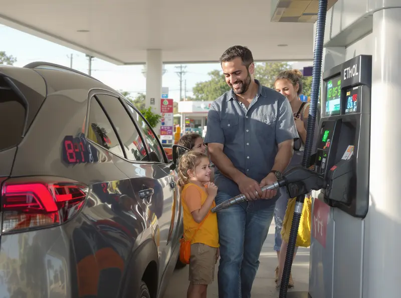 Família em posto de gasolina, abastecendo carro híbrido com etanol, refletindo economia.
