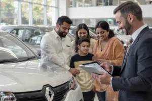 Os 5 carros mais baratos de se manter em 2025 Família em concessionária, olhando tablet com custos de revisão de carro econômico.